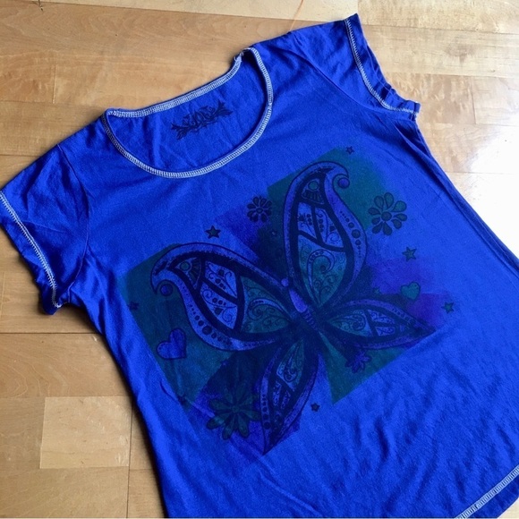 Tops - Butterfly Graphic Short Sleeve Tee, Royal Blue, Green, Black, Size XS